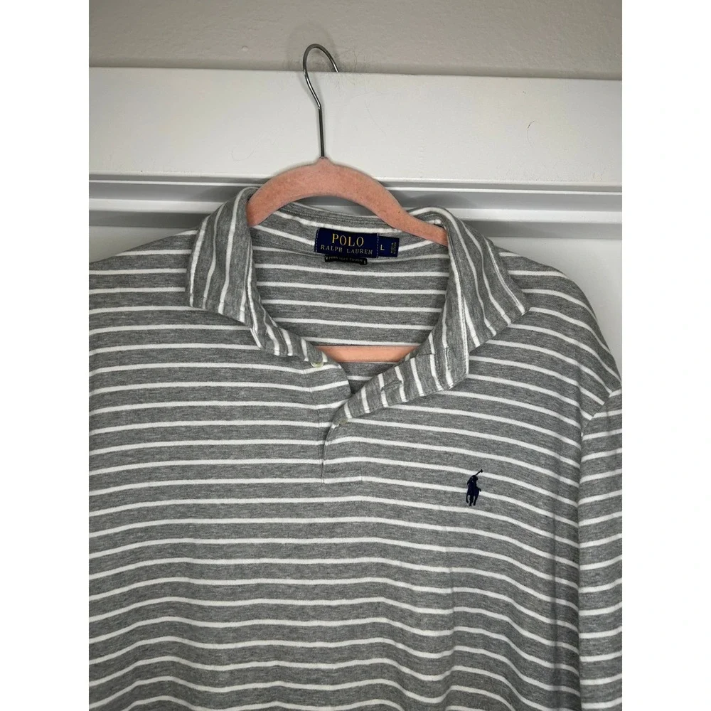 Polo Ralph Lauren Men Grey White Striped Pima Soft Touch Cotton Polo Shirt Large